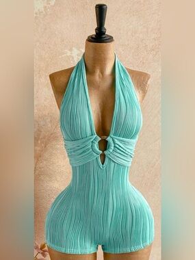 ❌SOLD❌Aqua Pleated Halter Romper with Ring Detail